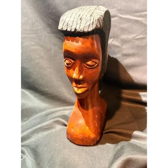 Hand Carved Double Face Wood Bust Man Woman 8" - Picture 3 of 8